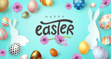 Happy easter banner background. Traditional colored easter eggs with different ornaments. 