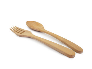 isolated wooden spoon and fork on white background with clipping path