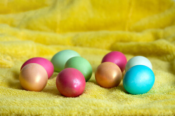 Colored Easter eggs. Traditional orthodox symbol. Spring celebration event.