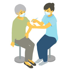 ワクチンを接種するおばあちゃんと女医のベクターイラスト