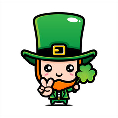 vector design of cute cartoon boy wearing st patrick costume holding lucky leaf on patrick's day
