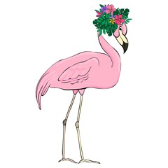 Flamingos on a background of tropical leaves and flowers. Flat vector isolated illustration. Flamingo cartoon print. Vector clipart element for design.