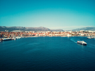 Fototapeta na wymiar Drone view of Split old town sea promenade and harbour, Croatia.