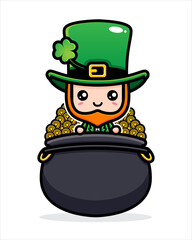 vector design of cute cartoon boy wearing st patrick's costume with a pouch filled with gold coins on patrick's day