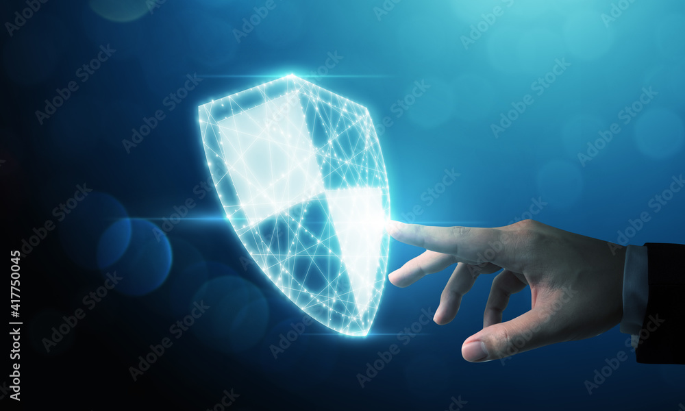 Poster protection network cyber security computer and safe your data concept, businessman pointing shield p