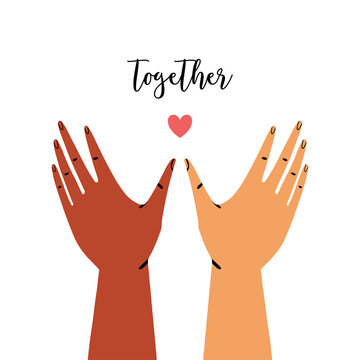 Two raised hands with heart and text. Concept of support, trust, unity and love. Hand drawn flat colorful vector illustration.
