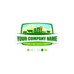 farm logo vector with pork, chicken, cow, lamb and rock stone icons in the background