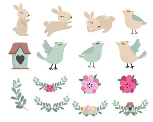 Happy easter set: cute bunny, bird, flowers, branches