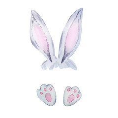 Watercolor illustration of cute gray and white Easter bunny ears and paws