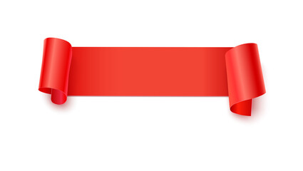 Red paper banner with curling corners. Vector 3D illustration isolated on white background