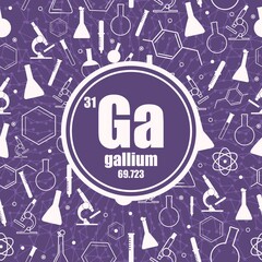 Gallium chemical element. Sign with atomic number and atomic weight. Chemical element of periodic table. Connected lines with dots. Circle frame with icons.