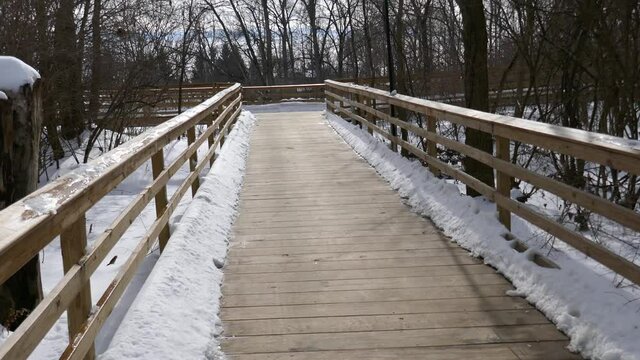 Wooden footpath with snow covering going through natural wooded area