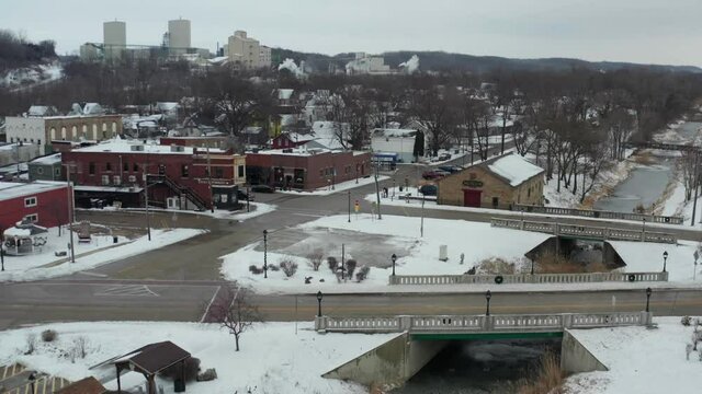 Small county town in USA during winter season in aerial view