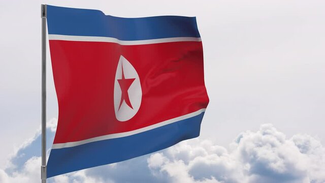 North Korea flag on pole with sky background seamless loop 3d animation