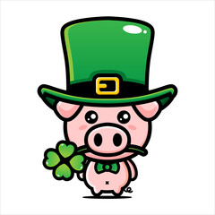 cartoon cute pig animal vector design wearing st patrick costume biting lucky leaf twig