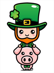 vector design of cute cartoon boy wearing st patrick costume riding a pig animal