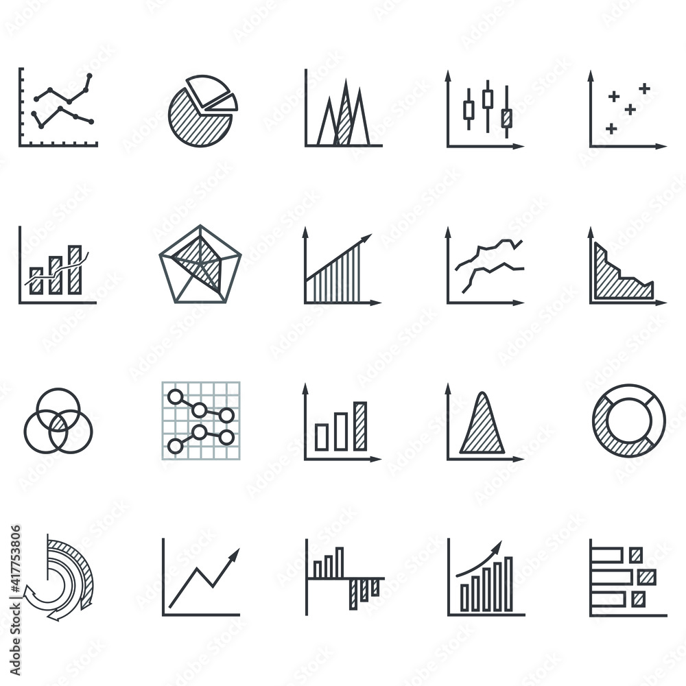 Poster set of business graph icon, blank outline pattern object statistics finance presentation, flat succe