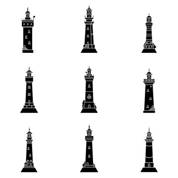 Vector set of black minimalism silhouette lighthouses