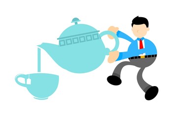 businessman worker pouring tea blue pot cup cartoon doodle flat design style vector illustration