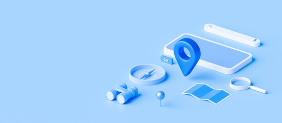 Isometric of map and location pin or navigation icon sign on blue background with search concept....