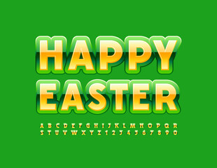 Naklejka premium Vector stylish Greeting Card Happy Easter. Colorful Glossy Font. Bright Alphabet Letters and Numbers.