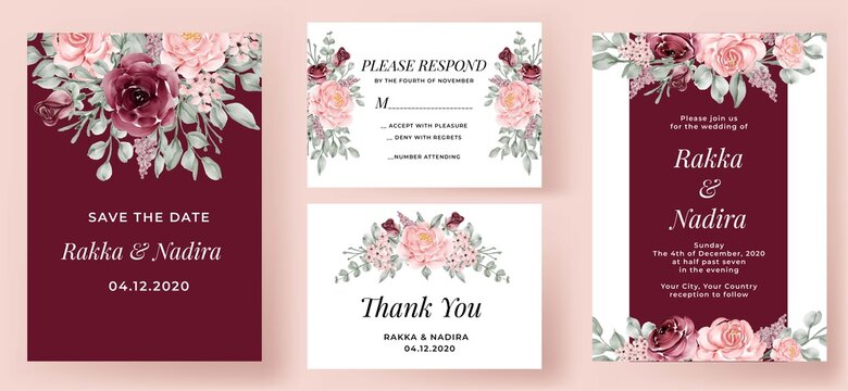 Elegant Wedding Invitation Set Burgundy And Pink Rose