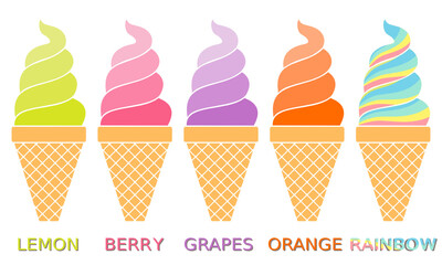 A set of colorful ice cream cones with name labels below. The flavors are lemon, berry, grapes, orange and rainbow.