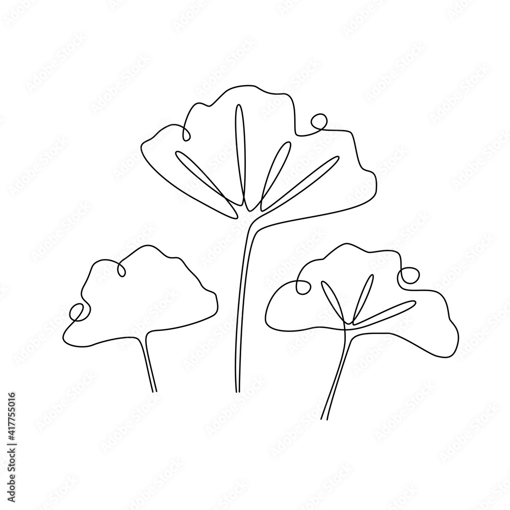 Poster ginkgo biloba continuous one line drawing. abstract botany minimalist poster. vector illustration fo