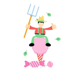 farmer man agriculture and sweet cotton candy cartoon doodle flat design style vector illustration