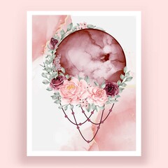 Watercolor full moon burgundy with flower rose