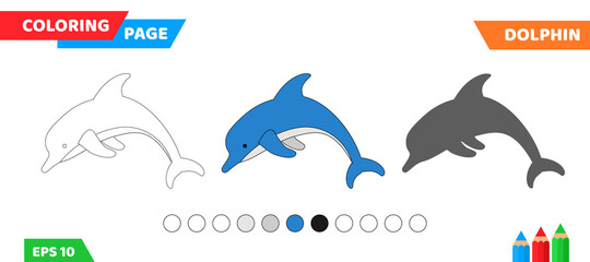 cute cartoon dolphin coloring page for kids education vector illustration