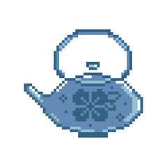 Pixel art japanese teapot icon. Pixelated blue asian kettle pattern for game, decoration, fabric and more. 8 bit Green tea kettle illustration. Retro gaming style japanese food and drink icon.