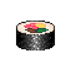 Pixelated maki sushi roll icon. Pixel art maki roll with avocado and salmon. 8bit sushi roll with fish.