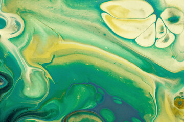Fototapeta na wymiar Abstract fluid art background green and yellow colors. Liquid acrylic painting