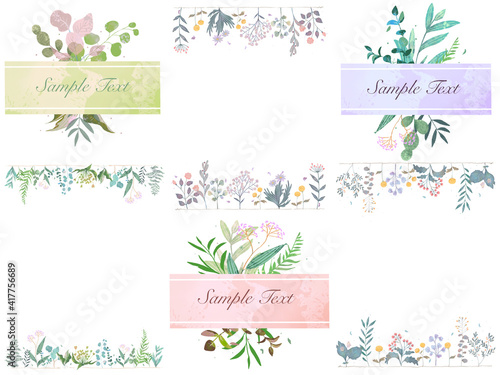 春の優しい色使いのオシャレな植物やお花の白バックのフレームセットイラスト Advertisement Poster Advertiseme Melchi