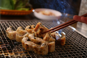 숯불에 굽고있는 장어구이 Grilled eel over charcoal fire
