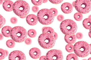 flying pink donuts. white background with donuts
