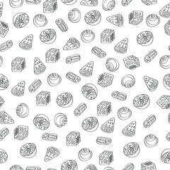 Seamless pattern of volumetric geometric shapes, black and white contour and handmade.
