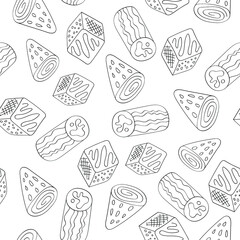 Seamless black and white geometric doodles pattern, hand-drawn.
