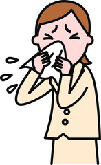 鼻を噛む花粉症女性