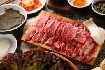 Fresh raw beef ribs before cooking 익히기전에 신선한 생소갈비