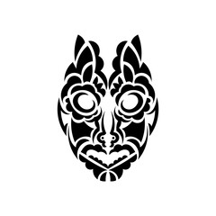 Tiki face, mask or totem. Patterns in the style of Polynesia. Good for tattoos, t-shirts, and prints. Isolated. Vector illustration.
