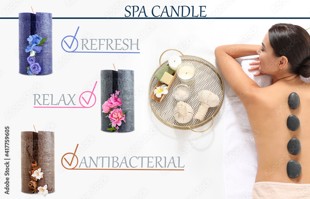 Poster collage of relaxing young woman, different aroma candles and spa supplies on white background