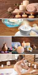 Fototapeta na wymiar Collage of different aroma candles and beautiful young woman taking bath in spa salon