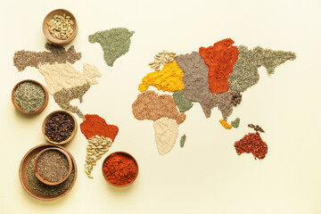 World map made of spices on light background