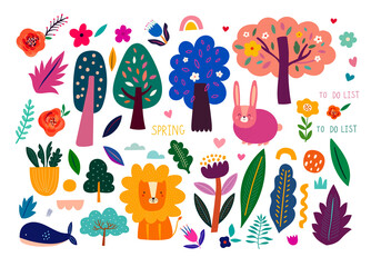 Big spring collection with flowers, trees, leaves and animals. Spring symbols. Decorative colourful stickers and doodles. Hand-drawn modern illustration