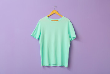 Stylish t-shirt hanging on color background