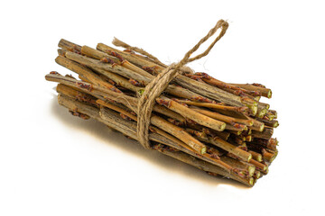 a bundle of twigs tied with a hemp rope on a white background