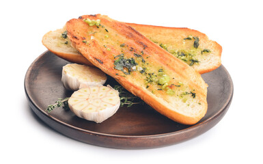Board with toasted bread with garlic on white background