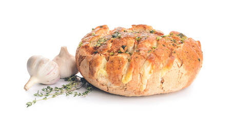 Fresh bread with garlic on white background